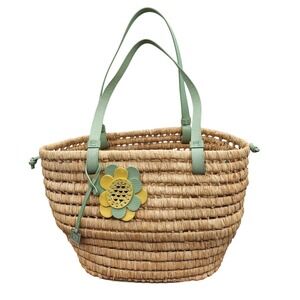 DKNY Straw Tote Bag Mint Green Flower Charm Woven Basket Summer Beach Handbag